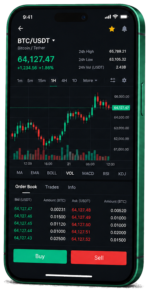 Qarfina mobile trading platform — live BTC/USDT chart, order book and buy/sell interface